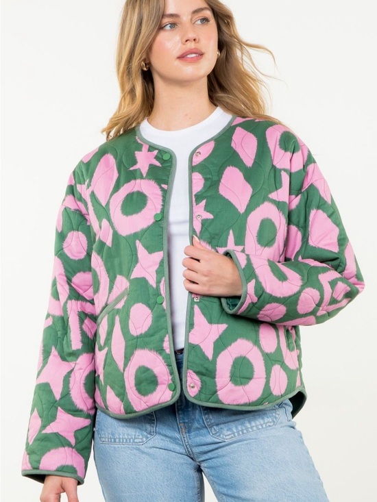 THML Jackets & Blazers - THML Green Quilted Jacket with Pink Abstract Pattern